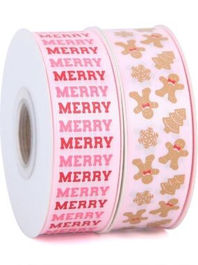 Pink Holiday Ribbon Set - "MERRY" & Gingerbread Prints